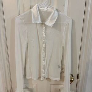 white c-thru sheer button up satin like collar and fluffy wrists